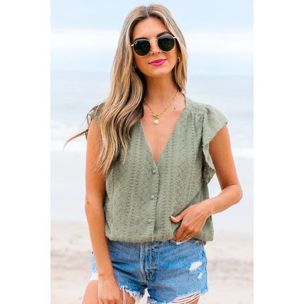 Laurel Green Flutter Sleeve Lace V Neck Shirt
