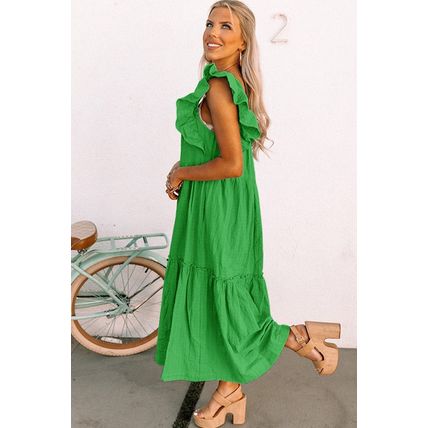 Green Ruffled Flutter Sleeve Square Neck Textured Tiered Maxi Dress
