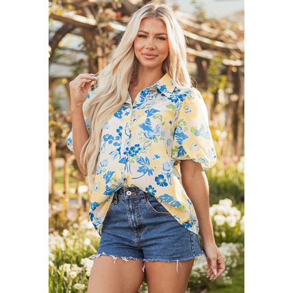 Blue Floral Striped Mixed Print Puff Short Sleeve Blouse