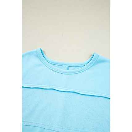 Aruba Blue Plus Size Solid Color Splicing Raw Hem Pullover Top Shorts Set