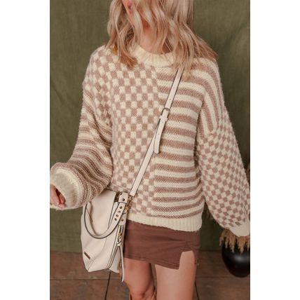 Khaki Stripe Checkerboard Drop Shoulder Balloon Sleeve Sweater