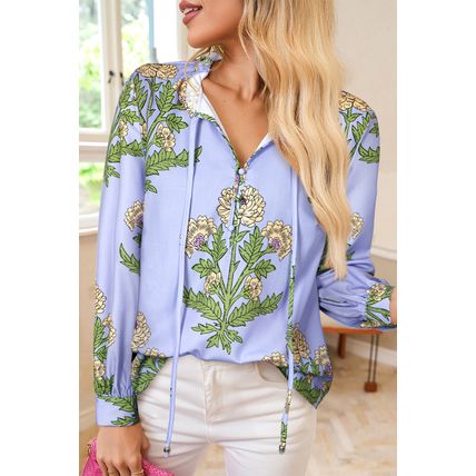 Sky Blue Floral Print Button Tie Neck Long Puff Sleeve Blouse