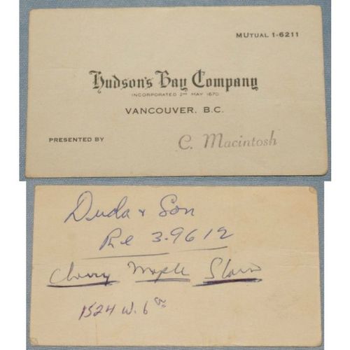 Hudson's Bay Company Vancouver BC vintage used business card