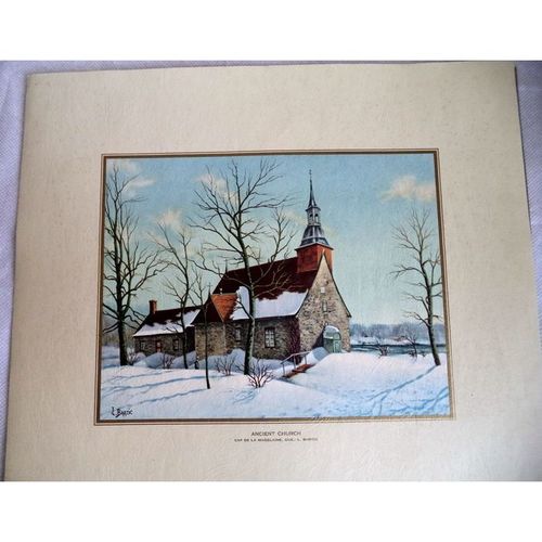 L BARZIC antique Lithograph Church Cape de la Madelaine Historic painting Quebec