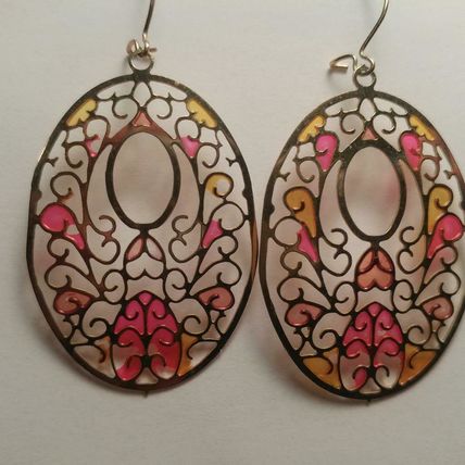 Gold Stencil Stain Glass Like Earrings Pink Yellow Filled Stencil 2"