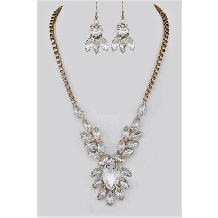 Stunning Marquise Crystal Floral Gold Necklace Set