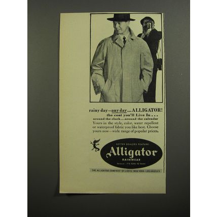 1952 Alligator Rainwwear Ad - Rainy day - any day.. Alligator