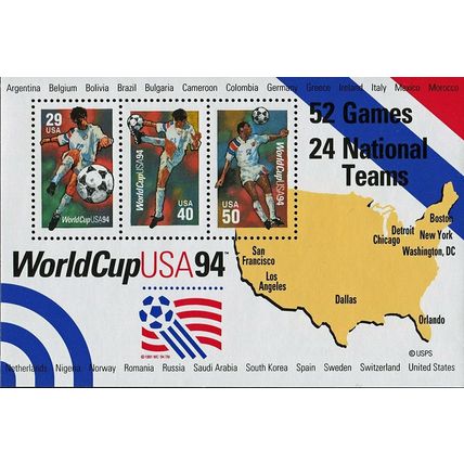 1994 World Cup Soccer Championships Souvenir Sheet of 3 Stamps Scott 2837