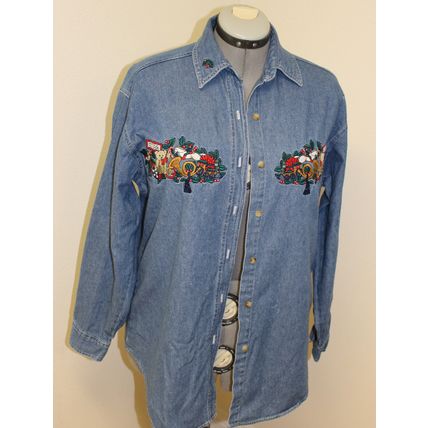 Bobbie Brown Denim Shirt, Christmas Embroidery, M