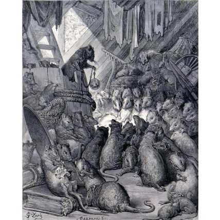 COUNCIL HELD BY THE RATS 1885 Gustave Doré Jean de La Fontaine ANTIQUE ENGRAVING