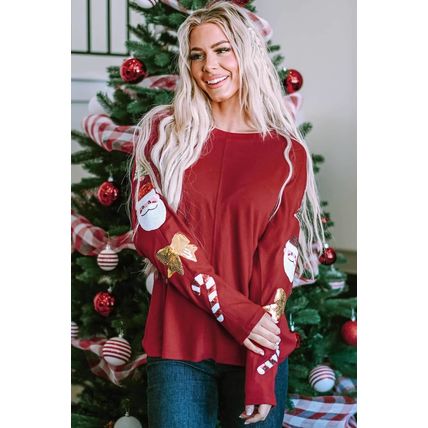 Red Sequined Christmas Favor Sleeve Casual Pullover