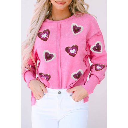 Rose Sequin Heart Shaped Exposed Seam Pullover Sweatshirt
