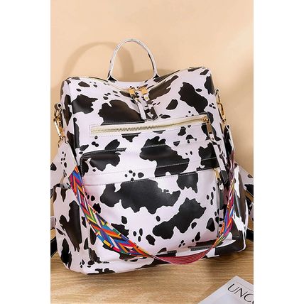 White Cow Print Multi Compartment PU Leather Backpack