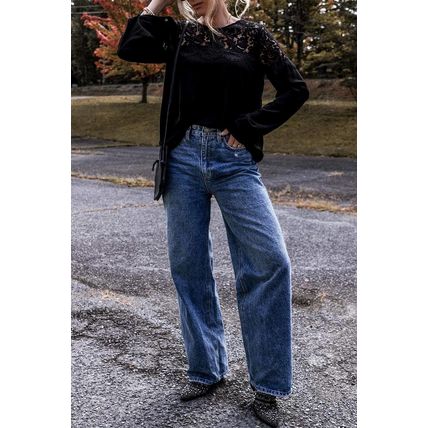 Black Lace Crochet Patchwork O Neck Long Sleeve Top