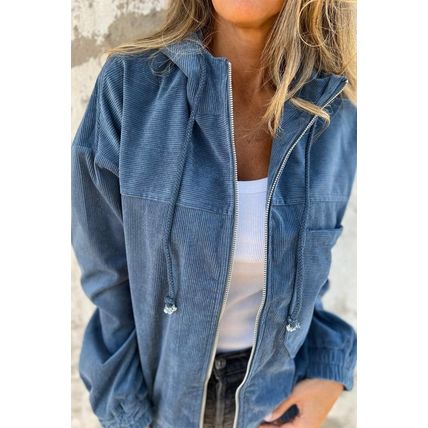 Real Teal Corduroy Drawstring Hooded Pocket Zip Up Jacket