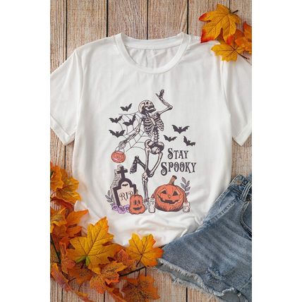 White Skull Pumpkin Face STAY SPOOKY Graphic Halloween T Shirt