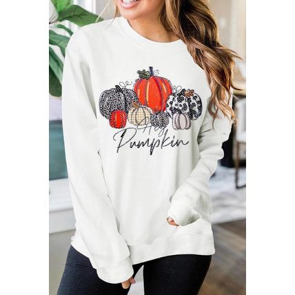 Beige Rhinestone Pumpkin Graphic Crewneck Thanksgiving Sweatshirt