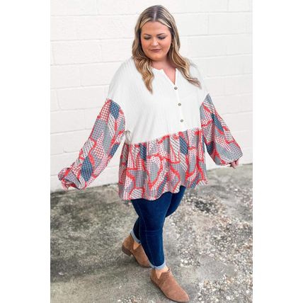 Apricot Plus Size Printed Patchwork Textured Buttoned Blouse