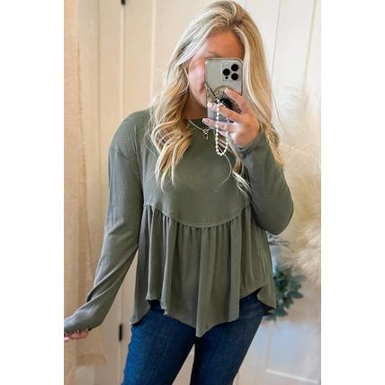 Mist Green Plus Size Thermal Knitted Babydoll Flare Top