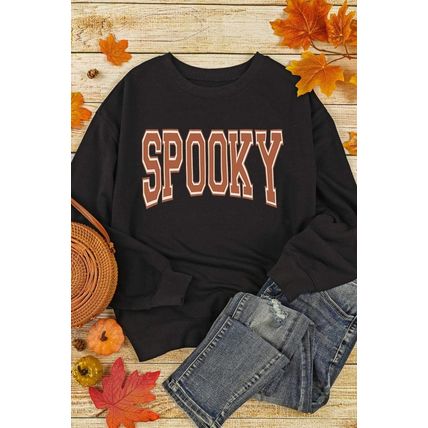Black SPOOKY Graphic Drop Shoulder Halloween Pullover Sweatshirt