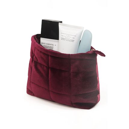 Burgundy Quilted Velour Zipper Cosmetic Organize Pouch