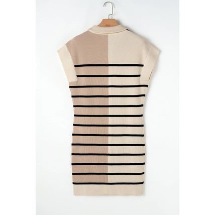 Khaki Stripe Color Block Quarter Zip Collar Short Sleeve Sweater Dress