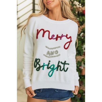 White Tinsel Merry and Bright Graphic Christmas Sweater