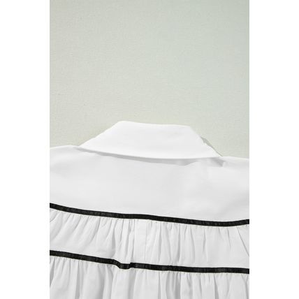 White Black Pipping Ribbon Bowtie Collared Ruffled Puff Sleeve Shirt