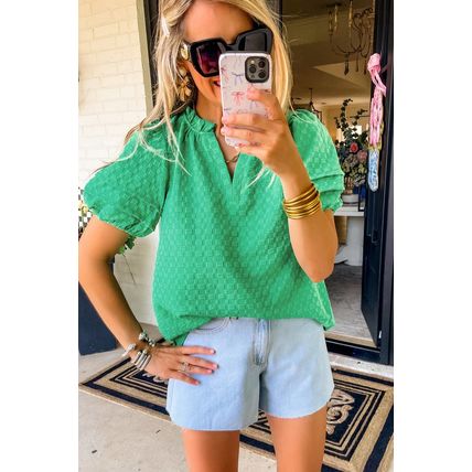 Bright Green Textured Puff Short Sleeve Notched V Neck Top
