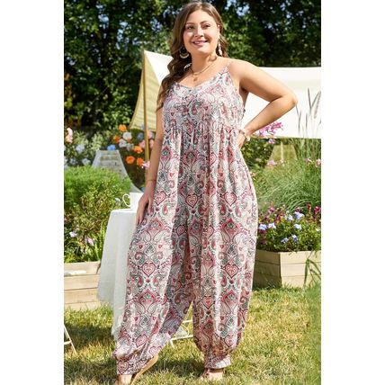 Multicolour Plus Size Paisley Print Sleeveless V Neck Jogger Jumpsuit