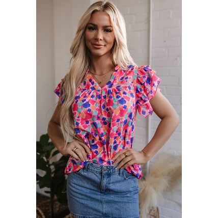 Rose Red Abstract Print Ruffled Sleeve V Neck Blouse