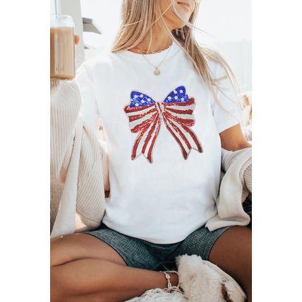 White USA Flag Bow Knot Patched Crew Neck T Shirt