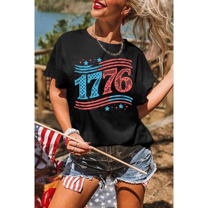 Black 1776 American Flag Theme Print Crew Neck T Shirt