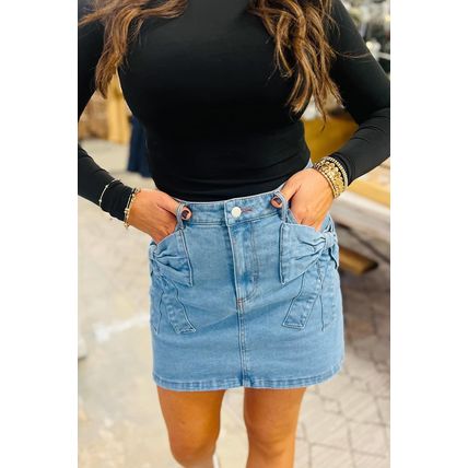 Dusk Blue Acid Wash Bowknot Details High Waist Denim Skirt