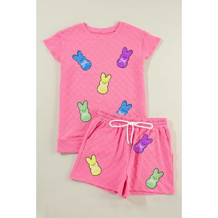 Sachet Pink Sequined Bunny Patched Graphic Geometric Textured Short Set