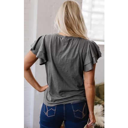 Dark Grey Layered Ruffle Short Sleeve Round Neck Top