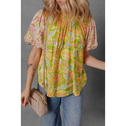 Multicolour Printed Contrast Bubble Sleeve Patchwork Blouse