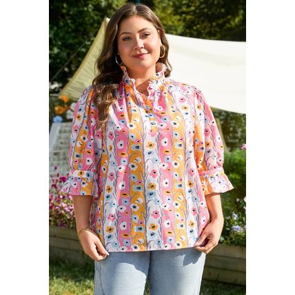Pink Floral Ruffled Collar Bracelet Sleeve Plus Size Blouse Top