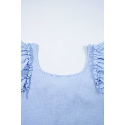 Beau Blue Textured Bow Knot Frilled Butterfly Sleeve Blouse