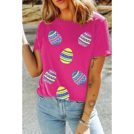 Rose Red Sequin Easter Egg Graphic Casual T Shirt