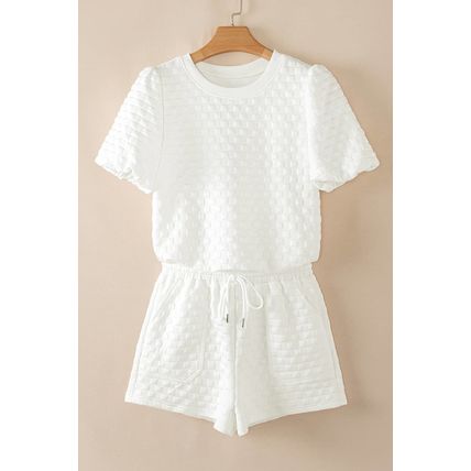White Solid Color Checkered Texture Short 2pcs Outfit
