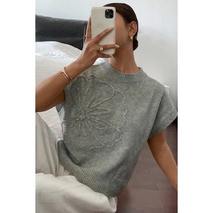 High Flower Pattern Ribbed Trim Short Sleeve Boxy Sweater