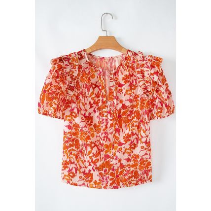 Orange Floral Print Ruffled Short Puff Sleeve Split Neck Blouse