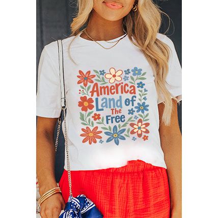 White America Land of The Free Flower Graphic Crewneck T Shirt