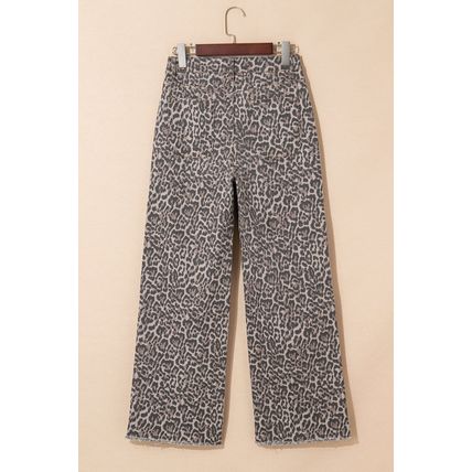 Brown Leopard Frayed Edge Wide Leg High Waist Jeans