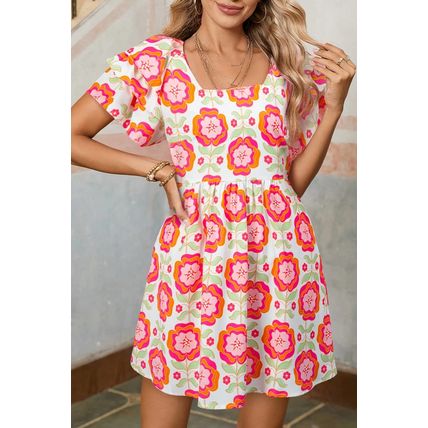 Rose Floral Print Square Neck Lace up Back Ruffled Sleeve Dress