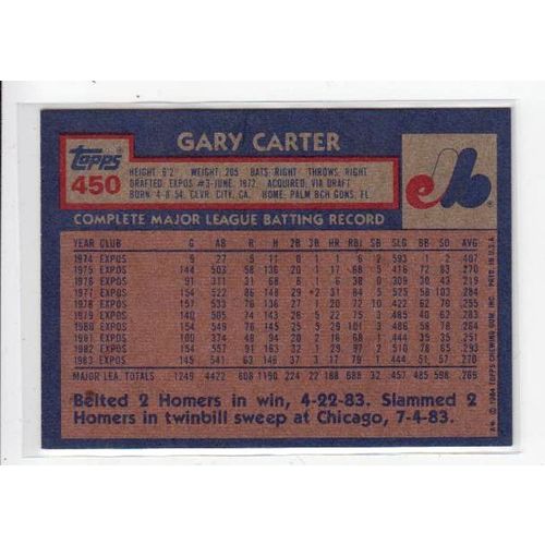 1984 Topps Gary Carter baseball card #450 – HOF - Expos