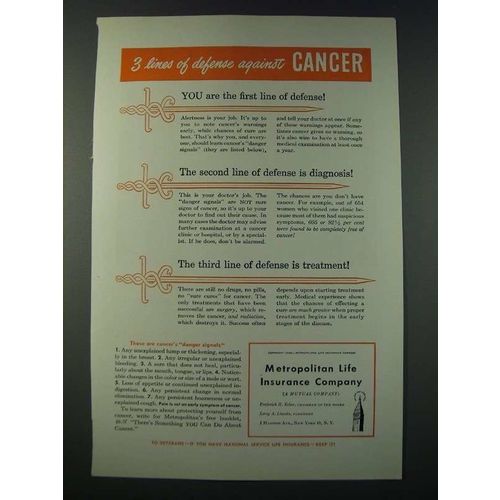 1948 Metropolitan Life Insurance Ad - 3 Lines of Defense Against Cancer