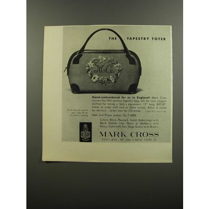 1953 Mark Cross Tapestry Toter Ad - Hand-Embroidered for us in England
