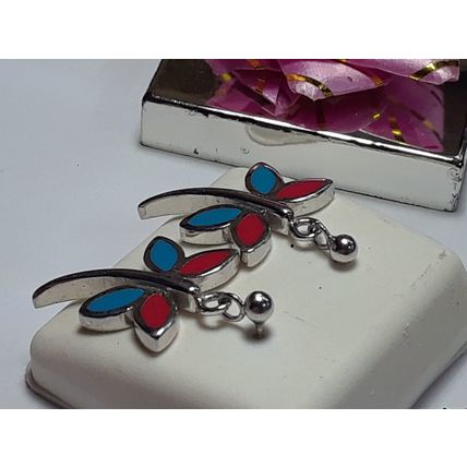 Estate 2 Sided Blue & Red Enamel DragonFly Sterling Silver Dangle Earrings#19090